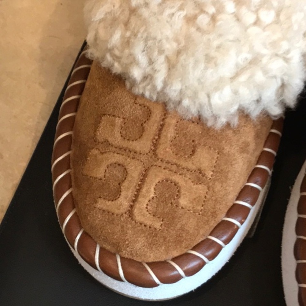 TORY BURCH SUEDE SHEARLING LOGO LOAFER SLIPPERS - Picture 3 of 10